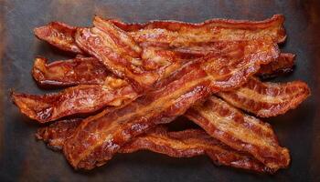 close-up of crispy bacon strips with golden color and visible marbling in a layered arrangement photo