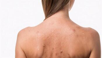 detailed view of light-colored freckles and skin spots on the back of a woman's shoulder, highlighting natural pigmentation on a white background photo