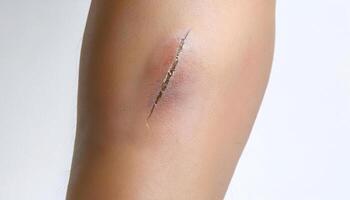 close-up of a scar on the shin caused by a fall on rocky terrain, with slightly jagged edges and detailed skin texture in isolated white background photo