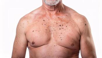 freckles and sunspots on the chest of a middle-aged person with visible signs of aging and sun damage, isolated on a clean white background photo