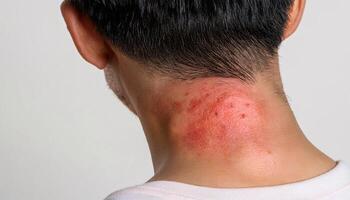 detailed shot of allergic contact dermatitis on the back of the neck showing red inflamed patches, skin irritation, and rash caused by allergic reaction photo