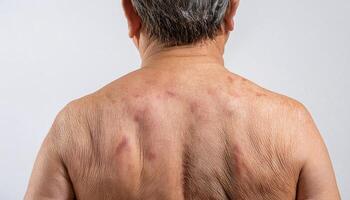macro image of aged skin on the upper back with wrinkles, discoloration, and natural folds in isolated white background photo