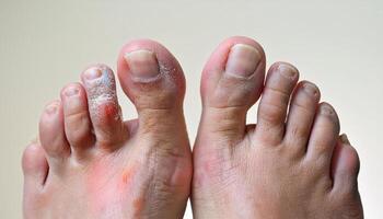 close-up of athlete's foot showing redness, scaling, and cracked skin between toes, highlighting fungal infection symptoms on neutral background for medical and educational use photo