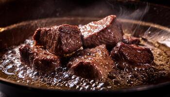 chunks of tender beef frying in hot oil with sizzling bubbles in a pan closeup of cooking process for food photography photo