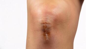 macro shot of a healed scar from a campfire burn on the leg, showing wrinkled texture and subtle discoloration in isolated white background photo