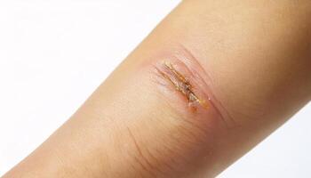 close-up of a scar on the arm caused by a fireworks accident, showcasing detailed healing process with uneven edges in isolated white background photo
