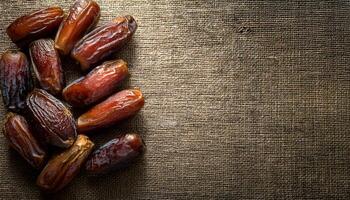 top-down view of organic dried dates on burlap fabric with rich texture and natural light showcasing a rustic and healthy food option photo