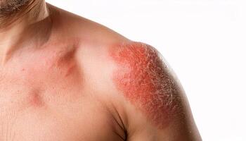 close-up of sunburned shoulder showing redness, peeling, and inflamed skin texture, isolated on white background photo