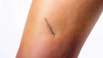 macro image of a scar on the thigh caused by a skateboarding accident, showing detailed healing stitches and precise scar texture in isolated white background photo