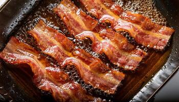 crispy bacon slices frying in hot oil with bubbling texture and curling edges for a savory presentation photo