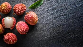 top-down view of fresh lychee fruits with vibrant pink textured skin and a peeled lychee exposing white juicy flesh, arranged on a dark slate background with a single green leaf for contrast photo