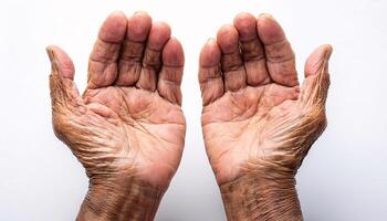 close-up of aged hands with deep wrinkles, prominent veins, and thin skin showing age-related changes on isolated white background photo