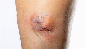 close-up of an old scar from a broken bottle incident on the shin with faint yet textured healing in isolated white background photo