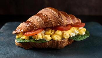 croissant sandwich filled with scrambled eggs, fresh spinach, and sliced tomato on a dark slate background photo