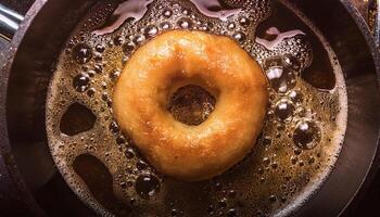 top view of a crispy golden donut frying in hot bubbling oil with rich textures and sizzling bubbles photo