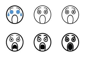 Horror and fright emoticon illustrations depicting open mouth screams with teardrops and bold expressions, line art icon set vector