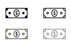 Diverse dollar bill iconography including outlined and filled styles for seamless integration in financial graphics, line art icon set vector