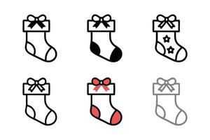 Christmas stocking illustrations in line art style with elegant bows and holiday patterns, ideal for festive projects line art icon set vector