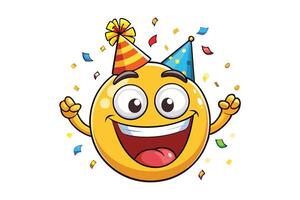 Festive emoji character celebrating with colorful confetti, wearing a party hat and expressing joy and excitement for special occasions vector