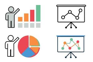 Simple line and filled style interactive data visualization icons including charts, graphs, and analytics symbols for digital and print projects vector