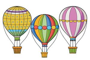 Set of artistic hot air balloon designs in bright colors and geometric patterns, representing exploration, freedom, and creativity vector