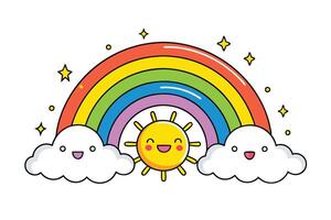 Happy rainbow, sunshine, and clouds in a cheerful cartoon design, perfect for bright, colorful, and playful visuals vector