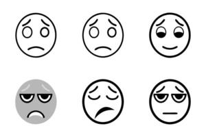 Variety of weary emoji faces symbolizing fatigue and sadness, rendered with precision in a detailed line art icon set vector