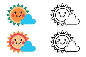 Cheerful cartoon sun and clouds in colorful and outlined line art design suitable for educational, weather, or childrens graphics line art icon set vector