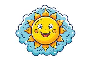 Bright and cheerful cartoon sun with a smiling face surrounded by fluffy blue clouds, ideal for fun and playful design themes vector