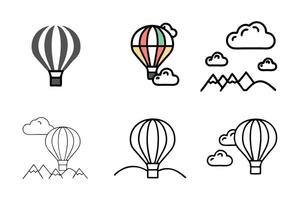 Set of hot air balloon icons in line art style with vibrant patterns and natural backgrounds including trees, clouds, and mountains vector