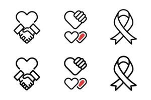 Simple heart and ribbon illustrations featuring hands and symbolic gestures for love, unity, and cause awareness in black and white designs vector