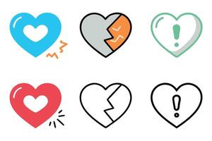 Colorful and black line art icon set featuring heart emojis with emotional symbols like exclamation marks, lightning, and sparkles vector