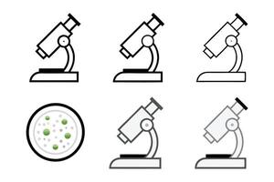 Microscope and petri dish linear illustrations for scientific research, laboratory tools, and microbiology educational materials icon set vector
