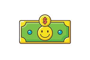 Cartoon dollar bill with a happy smiling face and golden coin, representing wealth, finance, and money related concepts, isolated on white vector
