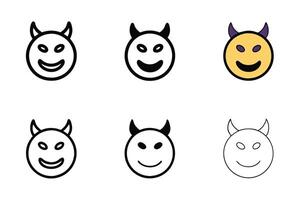 Devil emoji icons featuring happy expressions with horns and a mischievous smile, including variations of black and purple designs, line art icon set vector