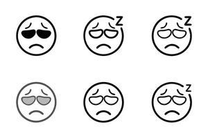Sad and tired emoji faces featuring droopy eyes and melancholic expressions illustrated as part of a line art icon set vector