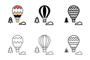 line art icon set of hot air balloons with unique patterns, surrounded by scenic elements like mountains and clouds for creative design vector