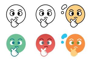 Collection of pondering emoji faces with distinct line art style, representing curiosity and questioning, line art icon set vector