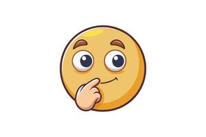 Cute thinking emoji face with hand on chin expressing curiosity, reflection, and deep thought on a clean white background vector