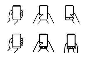 Black and white icon set of hands with cell phones in various angles and poses, ideal for modern tech and communication, line art icon set vector