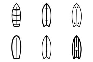 Various surfboard silhouettes showcasing unique shapes and designs, ideal for summer surfing themes and ocean related projects, line art icon set vector