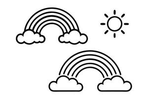Creative weather icon set with rainbow, sun, and clouds in modern line art style for kids' coloring pages, education, and graphic projects vector