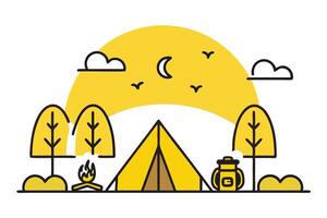 Nature camping line art icon set featuring tents, campfires, trees, and scenic elements like moon, clouds, and birds in minimalist style vector