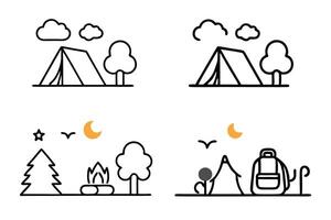 Outdoor camping icon set in line art featuring tents, lanterns, campfire, trees, and scenic skies with moon and clouds for nature enthusiasts vector
