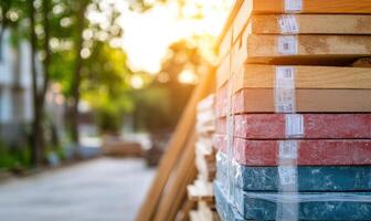 Stack of wood planks with various colors and textures in a construction site. photo