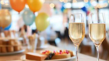 Two champagne flutes with bubbly champagne in front of a plate with cake and colorful sprinkles, with blurred background of balloons and guests at a celebration. photo