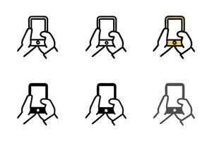 Minimalistic icon set depicting hands holding smartphones with diverse styles and variations, perfect for digital and tech concepts, line art icon set vector