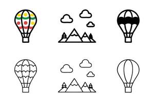 Hot air balloon line art icon set featuring colorful and minimalist designs with mountains, clouds, and trees for adventure and travel themes vector
