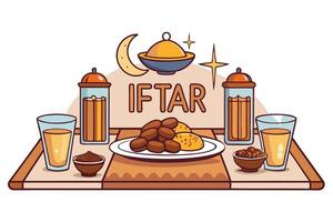 Ramadan Islamic Background depicting a colorful and inviting Iftar table setup for the holy month of fasting and community gatherings. vector