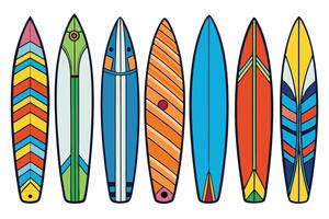 Collection of colorful surfboard designs featuring various patterns and shapes, perfect for beach and surf related creative projects vector